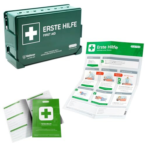 Betriebsverbandkasten nach Neuer DIN 13157:2021 mit Wandhalterung - gemäß ASR - Verbandskasten - Erste-Hilfe-Kasten - FLEXEO Koffer für Betriebe - Wandmontage - First aid (Komplettpaket Basic)