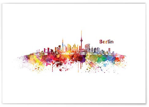 JUNIWORDS Poster mit/ohne Holzrahmen, Wähle ein Motiv, Aquarell Skyline Berlin, Wähle eine Größe, 21 x 30 cm (S) ohne Rahmen