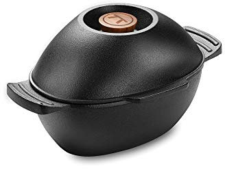 Outset 76495 Olla de hierro fundido para mariscos y mejillones con tapa para conchas vacías, 2.5 cuartos de galón, color negro