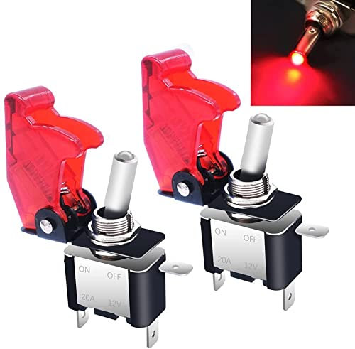 mxuteuk 2 Stück Kippschalter 12V 20A Rote LED beleuchtet SPST EIN/AUS Hochleistungs-Wippschalter 3 polig mit roter wasserdicht Abdeckung Für PKW LKW Boot ASW-07D-R-RMZ