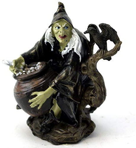 GeKi Trend Kleine Hexe mit Kochtopf und Rabe Fantasy Magie Gothic Deko-Figur