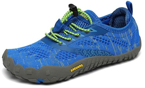 SAGUARO Kinder Barfußschuhe Traillaufschuhe Jungen Mädchen Trainingsschuhe Zehenschuhe Atmungsaktiv rutschfest Walkingschuhe Laufschuhe Schnell Trocknend Badeschuhe, Blau 33 EU