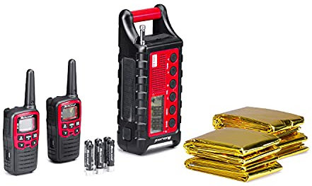 Midland - Kit Outdoor Emergenza EK35, 2 Walkie Talkie XT30 con Portata 6Km Senza Licenza, Power Bank 2600mAh con Ricarica USB, Torcia LED, 4 Coperte Termiche, Segnale Morse SOS, Batterie Ricaricabili