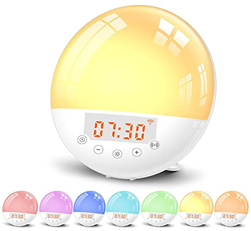LetCart Sunrise Wecker, Smart Wake Up Light Work, digitaler Sleep Aid Wecker mit Sunset Simulation, Snooze/FM Radio/7 Naturgeräusche und 4 Alarme für Erwachsene und Kinder(7 Farbe)