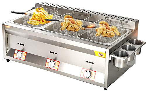 Friteuse épaisse à gaz en acier inoxydable, friteuse à panier à trois cylindres commerciale avec couvercle friteuse de grande capacité pour frire les aliments frites domestiques poulet frit 10L * 3