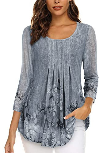 Gaharu Damen Festliche Blusen Grau-Blumen, A-Linie Tunika Shirt 3/4 Ärmel Hochzeit Party Büro Business Dating M