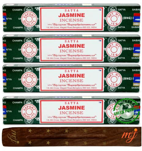 Original Satya Nag Champa Jasmine Incense Sticks | with M&J incense sticks holder | x4 pack | for Aromatherapy, Spa, Yoga, Weddings, Meditation, Healing, Positivity and Relaxation