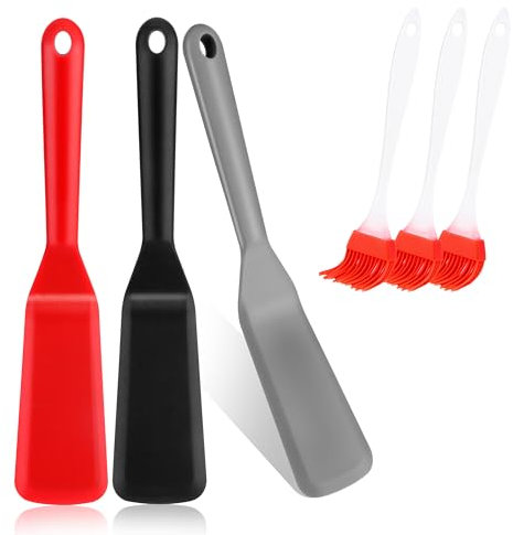 3 Pezzi Spatola Cucina in Silicone con 3 Pezzi Spazzola ad olio,Silicone Spatola per Padella Antiaderente,Piccolo Spatola Silicone per Girare Pancake,Pasticceria,Crepes,Torte (Rosso, Nero, Grigio)