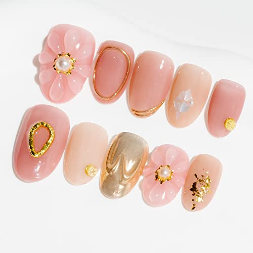 Sun&Beam Nails Handmade Press-on Short Oval Pink Gold Flower Sweet Pearl Design Fashion False Nail Tips 10 Pcs Set (#077 S)