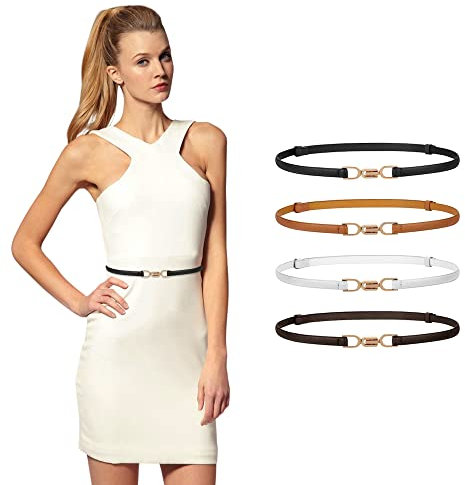 NOKDAL 4 Stück Damen Dünne Gürtel für Kleid Schmaler Taillengürtel Skinny Verstellbarer Leder Ledergürtel mit Gold Metallschnalle Hüftgürtel Fashion Jeansgürtel Jeans Belt für Hosen Kleider