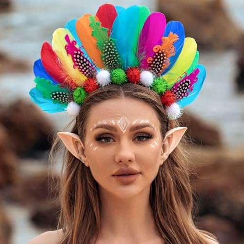 Zoestar Boho-Feder-Stirnband, buntes Pride-Stirnband, Pom Poms, Regenbogen-Haarband, Karneval, Party, Haarband, Festival, Kostüm, Haar-Accessoires für Frauen und Mädchen (Stil 1)