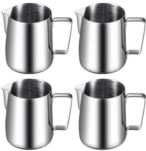 Dandat 4 Pcs Milk Frothing Pitcher Espresso Steaming Pitchers 12 Oz Stainless Steel Milk Steamer Cup Frother Jug for Espresso, Latte Art, Chai Cappuccino Hot Chocolate
