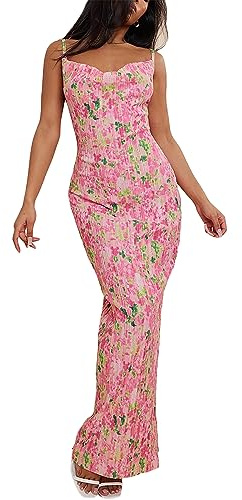 Owegvia Women Backless Floral Spaghetti Strap Bodycon Maxi Dress Y2k Low Cut Sleeveless Long Dress Club Cocktail Dress (Q31-Pink, S)