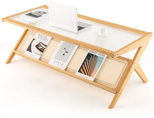 COSTWAY Bamboo Coffee Table, Tempered Glass Cocktail Tea Center Table with Rattan Magazine Storage Shelf, Z-Shaped Rectangle Accent Side Table for Living Room and Office, 120x56x45cm, Natural