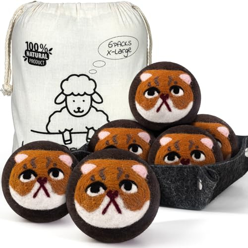 Wool Dryer Balls - Dryer Balls Laundry Reusable - 6-Pack XL Carfield Cat Wool Balls for Dryer - Reusable Fabric Softener Ball - Laundry Wool Dryer Balls with Felt Dryer Ball Holder Storage