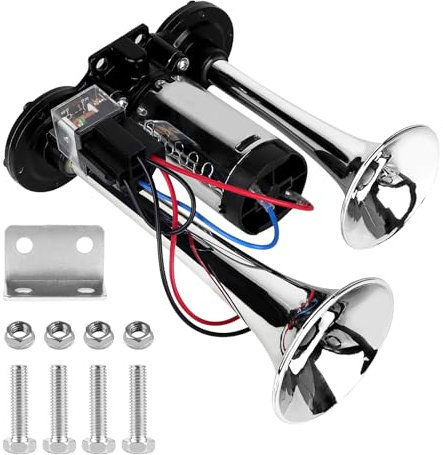 CPROSP 12V Drucklufthorn mit Kompressor, Druckluft-Doppelhorn, 12v 125db Hupe Luft Horn Gesamtlänge 210 mm