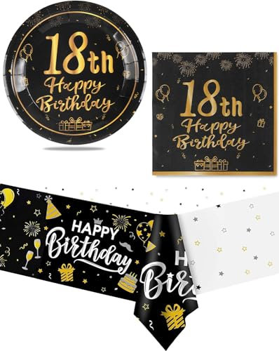 Yiran Black Gold Happy 18th Birthday Party Tableware 37 Pcs Paper Tableware Set Includes Birthday Paper Plates Napkins Table Cloth Cover for Girl,Boy,Him,Her 18th Birthday Party Supplies Decorations