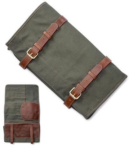 Angus Stoke XXL Messertasche mit 16 Fächern & viel Stauraum – Multifunktionstasche & Werkzeugtasche aus Canvas & Leder – Messer Rolltasche Marc (Olive Green)