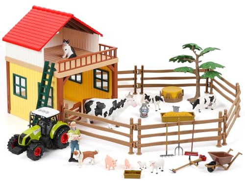 Hyrenee Bauernhof Tiere Figuren Spielzeug Playset- Tier Scheune Haus Spielzeug Set, Traktor, Bauer, Zaun, Geschenke für Mädchen Jungen Kleinkinder Kinder Alter für 3-7 Jahre alt