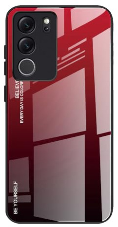 Dedux Funda para Vivo V29 5G, Carcasa Degradado de Color Vidrio Templado Anti-rasguños Funda, TPU de Silicona Suave Case Cover (Rojo/Negro)
