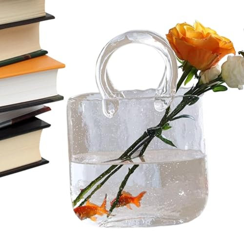 lyanny Handtaschenform Klare Vase, Glas Handtasche Vase für Blumen, Klare Glasvase mit Griffen und Blasen, Blumenvase für Zuhause, Tafelaufsatz, Büro