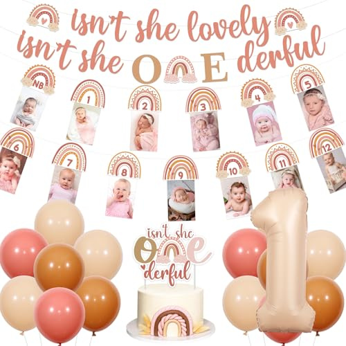 Sursurprise Boho Regenbogen 1. Geburtstag Dekorationen für Mädchen, Isn't She Lovely Isn't She Onederful Photo Banner Cake Topper, Retro Beige Nummer 1 Ballon, Bohemian Rainbow First Birthday Party