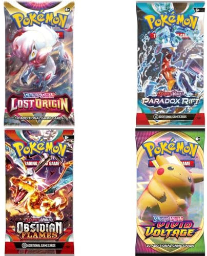 4er Pokemon Mystery Booster Set - 4X zufällige Pokemon Booster im Überraschungspaket - mit 10 Karten pro Booster - ENGLISCH + Heartforcards® Versandschutz