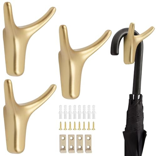 KUIZHEN Double Prong Robe Hooks, 4 Pcs Dual Coat Wall Mounted With Screws for Heavy Duty, Bathroom Bedroom Door Wall - Gold