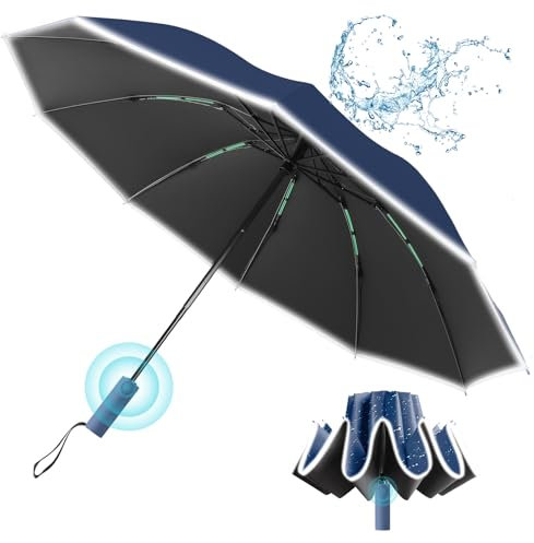 GOHHME Regenschirm Sturmfest Taschenschirm Regenschirm Umgekehrter 10 Rippen Reflektierend Kompakt Portable Hochwertige Regenschirme Automatik auf und zu für Herren und Damen Blau