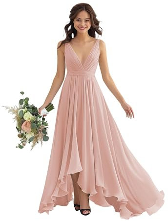 Robes longues en mousseline de soie à volants pour invités de mariage, robe de soirée formelle avec fente, rose poudré, XL