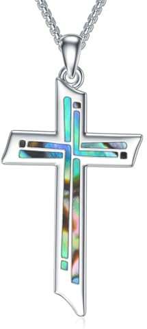enjoylifecreative Kreuz Halskette für Damen Herren 925 Sterling Silber Abalone Muschel Cross Anhänger Kette Kreuz Religiös Christliche Schmuck Geschenk für Frauen Männer