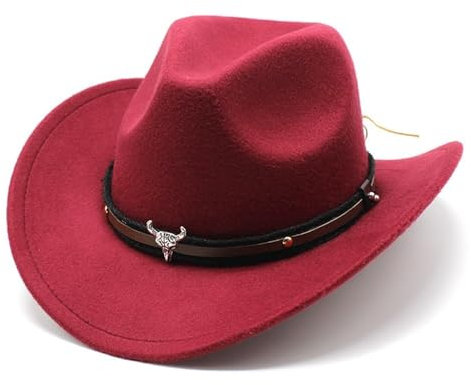 Jiaxu-Hüte Cowboyhut mit Metall-Cowhead-Logo, Herbst und Winter, Woll-Jazzhut, Filzhut, Herren- und Damen-Cowboyhut(Claret)