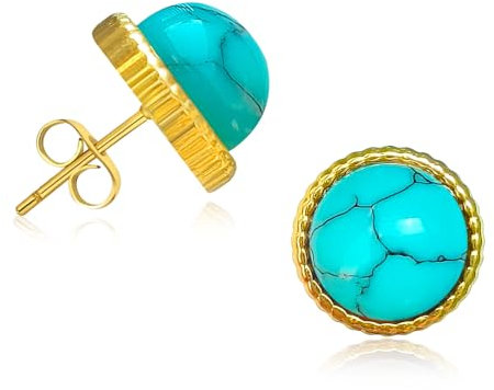 Turquoise Stone Stud Post Earrings,8MM Natural Stone Earrings Studs for Sensitive Ears,Retro Dainty 18K Gold Plated Earrings,Round Natural Gemstone Stud for Birthday Anniversary Gifts (blue)