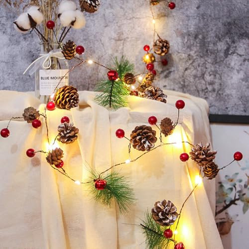 GUOCHENG 6.5 FT Christmas Garland Lights with Pine Needle Pinecones Red Berries, Battery Operated 20 LED Garland String Lights, Christmas Decorations Indoor for Home Fireplace Mantel, Xmas Decor