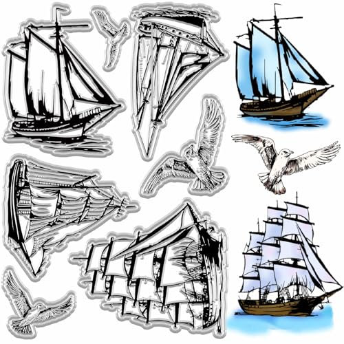 craspire Transparente Stempel Boot Möwe Segelboot Schiff Silikonstempel Wiederverwendbar Retro Meereshintergrund Poststempel Transparentes Gummistempelsiegel Für Tagebuch Basteln Scrapbooking