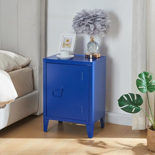 [en.casa] Nachttisch Inari Nachtschrank Blau Nachtkästchen mit Einer Schranktür Sofatisch Türgriff Links Metall Nachtkommode 57 x 40 x 30 cm Büroschrank
