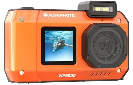 AgfaPhoto Realishot WP9500 - Waterproof Digital Camera, 7 m Waterproof, 24 MP, 18X Zoom, 4K Video, Dual Screen 2.9 Inch/1.4 Inch - Orange