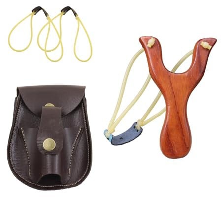 YiJPXinADZ Wooden Slingshot Catapult Toy set Including Leather Storage Bag and 2 Replacement Rubber Bands, Ideal for Hunting, Camping, Hiking, Backpacking & Outdoor Fun