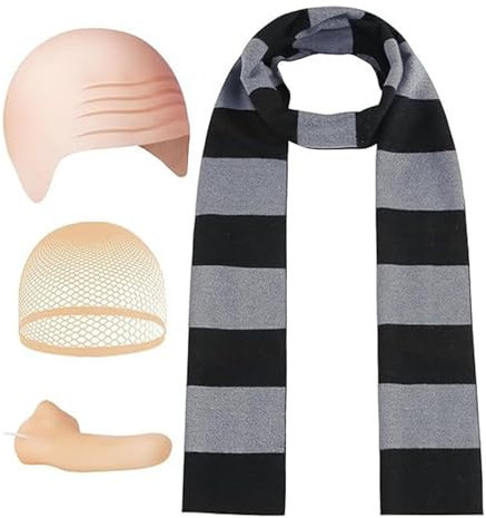 Ksikdeg Gru Kostümzubehör, Glatzenhut, Set, schwarz-grau, gestreift, Schal, falsche Nase, Glatze, Halloween-Kostüm-Zubehör für Herren