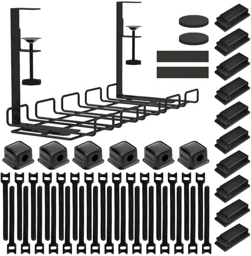 ENJYNC 51-Piece Under Desk Cable Management Tray Kit - No Drill Cable Organizer Basket for Office/Home, Holds Extension Cords & Wires, Screw-Free Clamp Mount for Desk, Kitchen, Internet Cafe