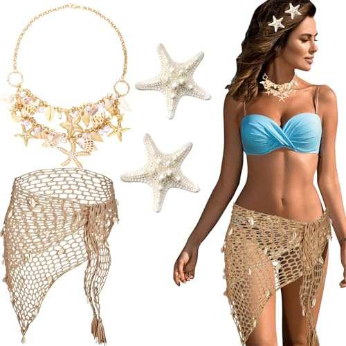 CYUXING 4-teiliges Meerjungfrauen-Accessoire für den Sommerstrand, Meerjungfrauen-Badeanzug für Damen, inklusive Häkelrock, Muschelkette, Haarspangen, geeignet für Themenpartys und Urlaub