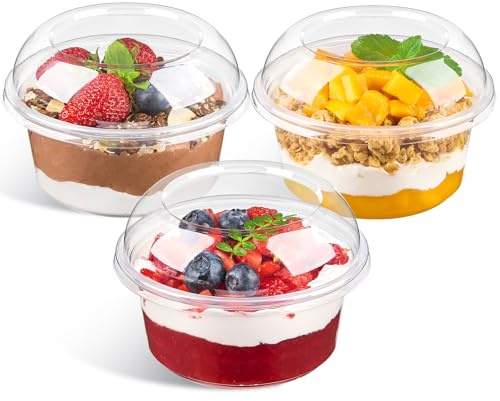 Qeirudu 12 oz Plastic Dessert Cups with Dome Lids, Acai Bowls, 50 Pack | Clear Snack Bowls with Lids, Party Serving Bowls, for Parfait, Cake, Fruit, Freezer Safe