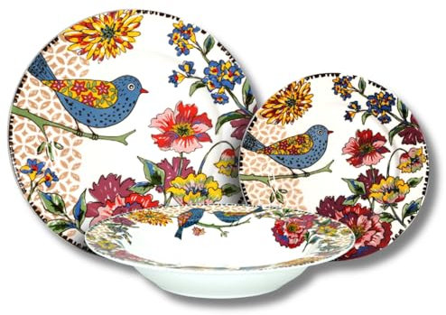 Leonardo Luxury Home Design Piatti Porcellana Set 18 Pezzi per 6 Persone Japan Birds Servizio Elegante e Raffinato Uccelli Giapponesi Adatto a Lavastoviglie Forno e Microonde (18 Pezzi)