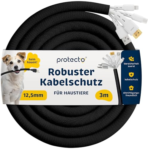 PROTECTO Flexibler Tier – Kabelschutz, Schwarz, Beißfest, 3 m lang/Ø 12mm Kabelschlauch - für Katze & Hund, Schutz für Strom- & Ladekabel – Beleuchtung, RCA & HDMI, Universelle Kabelhülle