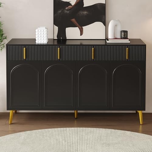 Modernes Sideboard mit goldenen Griffen & Beinen – 4 Türen & 4 Schubladen, mit herausnehmbarem Laminat, großer Stauraum für Wohnzimmer & Esszimmer, 140×37,8×82 cm (Black)