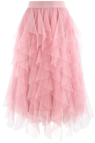 WERFORU Jupe en tulle élastique pour femme - Jupe midi - Jupe mi-longue - Jupe tutu pour carnaval et fête, I-rose., XL