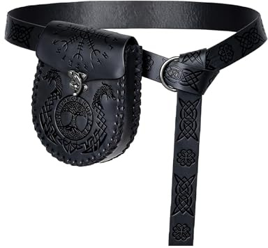 XDGBGFN Mittelalterliche Geprägter Vintage Gürtel mit Seitentasche Set, PU-Leder Geprägter Seitentasche Gürtel für Renaissance Kostüm Zubehör (Schwarz)