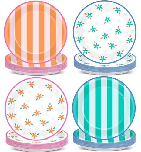48 Pcs Italian Summer Paper Plates 7'' Floral Theme Birthday Party Supplies Green Orange Flower Striped Disposable Dessert Dinner Plates Tableware for Women Girl Birthday Baby Shower Party Decoration
