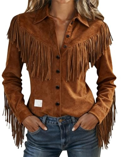 Camisas vintage de ante vaquera occidental para mujer, de manga larga, con botones, ajustadas, con flecos, elegantes camisetas casuales para uso diario