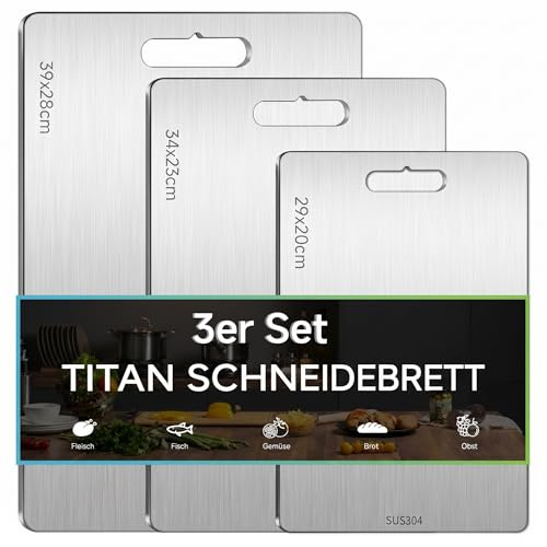 3Stück Titan Schneidebrett, Edelstahl Schneidbretter BPA-frei Lebensmittel | Doppelseitig Titanium Cutting Board für Fleisch Brot Gemüse Obst, Spülmaschinenfest (29x20cm, 34x23cm, 39x28cm)
